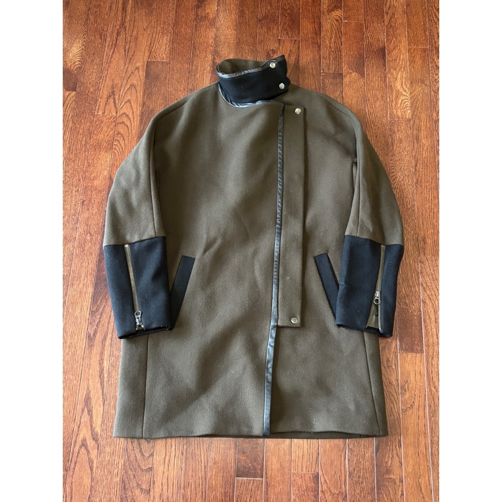 Madewell City Grid Coat Womens 6 Olive Green Wool Blend Leather Trim Asymmetric
